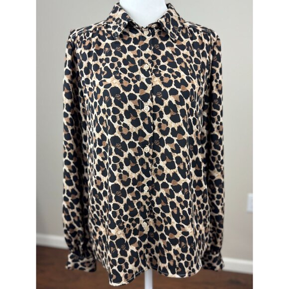 Ann Taylor Womens S Long Sleeve Chic Blouse Leopard Animal Print Black Brown - Picture 2 of 10
